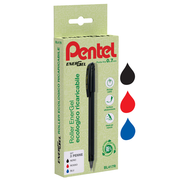  Roller Energel Recycology 96% - punta 0,7 mm - nero/rosso/blu - Pentel - conf. 3 pezzi 