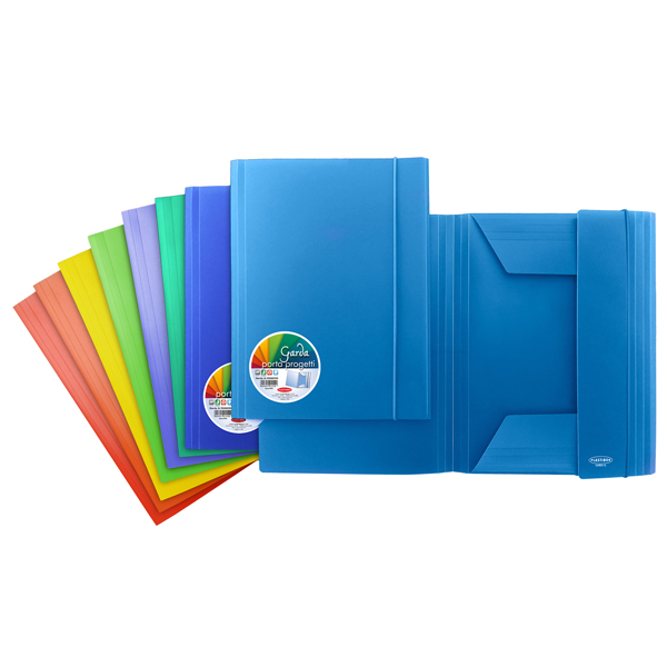  Cartella 3 lembi con elastico Garda - 25,7 x 34,5 cm - dorso piatto - PP - colori assortiti - Plastibor 