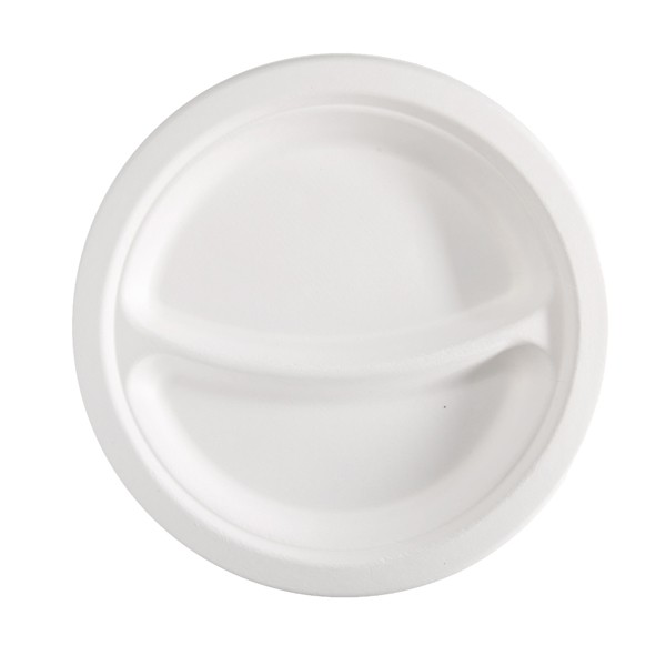  Piatto piano a 2 scomparti monouso - rotondo - diametro 23 cm - canna da zucchero - bianco - Signor Bio - conf. 50 pezzi 