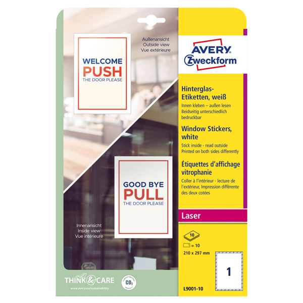  Etichette adesive per finestre - in carta - con pellicola - laser - rimovibili - 210 x 297 mm - 1et/fg - 10 fogli - bianco - Avery 