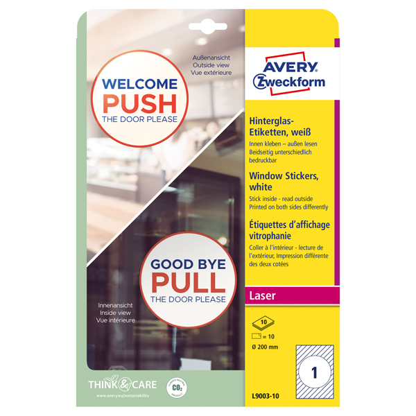  Etichette adesive per finestre - in carta - con pellicola - laser - rimovibili - diametro 200 mm - 1et/fg - 10 fogli - bianco - Avery 