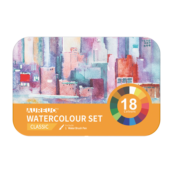  Acquerelli demi-godet - con pennello brush - in scatola di metallo - colori classici assortiti - DOM - astuccio 18 colori 