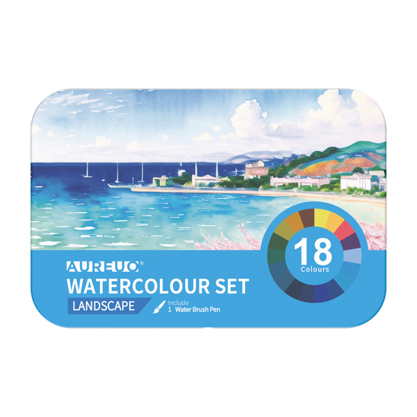  Acquerelli demi-godet - con pennello brush - in scatola di metallo - colori paesaggi assortiti - DOM - astuccio 18 colori 