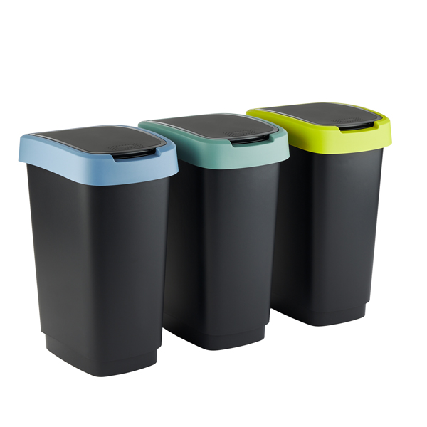  Pattumiera con coperchio basculante - 50 L - 40,1 x 29,1 x 60,2 cm - PPL - grigio/verde/lime - Rotho - kit 3 pezzi 