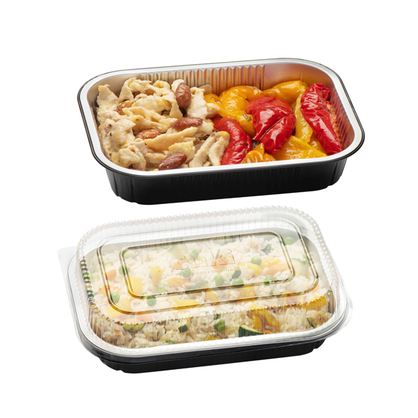  Contenitore alluminio stirato - c/ coperchio R-PET - 2 porzioni - 22 x 15 x 4,4 cm - Cuki Professional - conf. 25 pezzi 