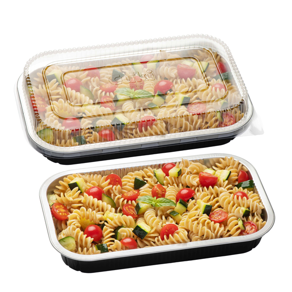  Contenitore alluminio stirato - c/coperchio R-PET - 4 porzioni - 26,5 x 16,2 x 3,7 cm - Cuki Professional - conf. 25 pezzi 