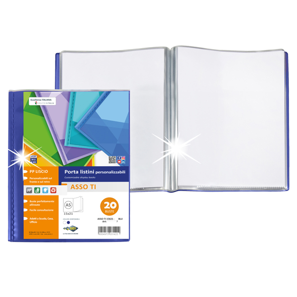  Portalistini Asso TI - personalizzabile - PP liscio - 15 x 21 cm - 20 buste - blu - Sei Rota 