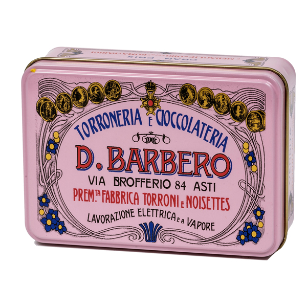  Scrigno regalo - con torroni bianchi friabili - 100 gr - metallo - rosa - Barbero 