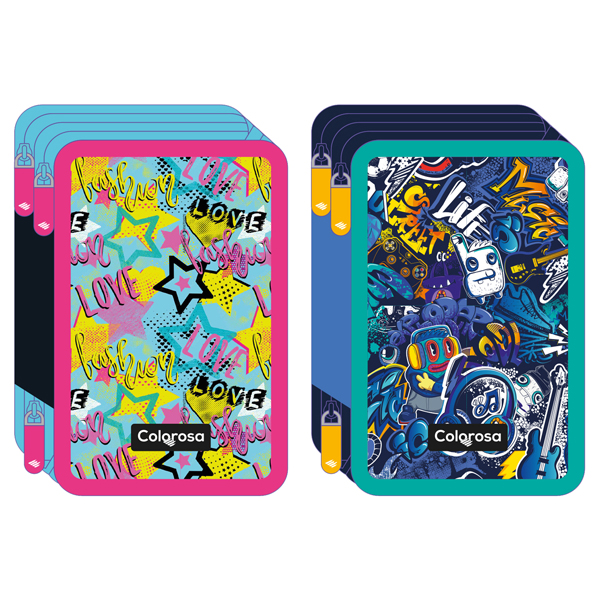  Astuccio Colors 3 zip - 13 x 20 x 7,5 cm - tessuto - fantasie assortite - Colorosa 