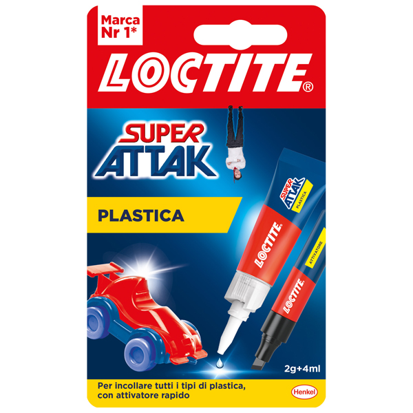  Colla Super Attak - adesivo liquido e attivatore in penna - adatto per incollare plastiche domestiche - 2 gr + 4 ml - trasparente - Loctite - conf. 2 pezzi 