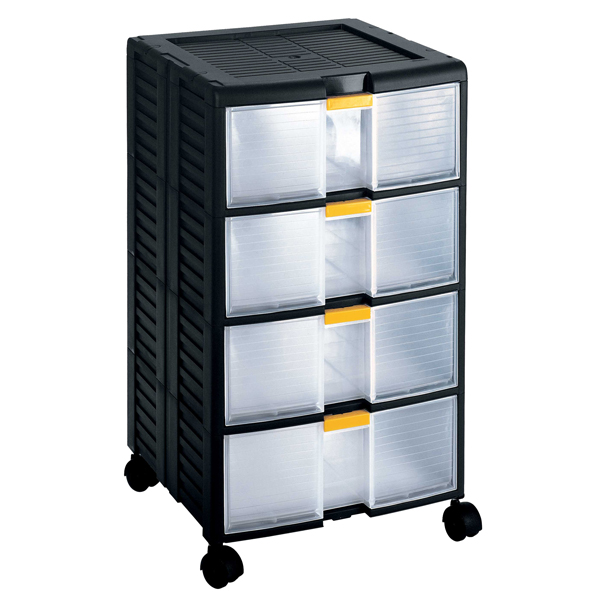  Cassettiera portautensili modulare Store-Age - 4 cassetti - con maniglia e ruote - 39,1 x 39 x 62,9 cm - PPL - trasparente/nero - Terry 