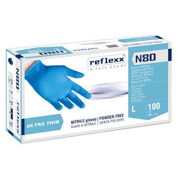  Guanti in nitrile N80 - ultrasottili - taglia L - azzurro - Reflexx - conf. 100 pezzi 