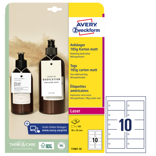  Cartellino micro-perforato stampabile - cartoncino - laser - 90 x 50 mm - 10 cart/fg - 10 fogli - bianco - Avery 