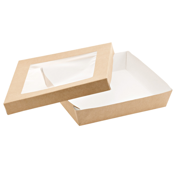  Scatola da asporto - con finestra trasparente - 18 x 18 x 5 cm - carta kraft/PE - avana - Leone - conf. 20 pezzi 