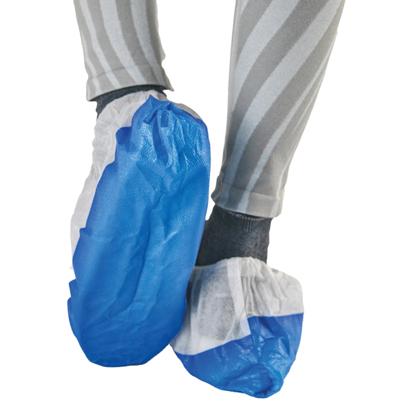  Sovrascarpe monouso Dual Barrier - antiscivolo - taglia unica - PLP - bianco/blu - Worker - conf. 50 pezzi 