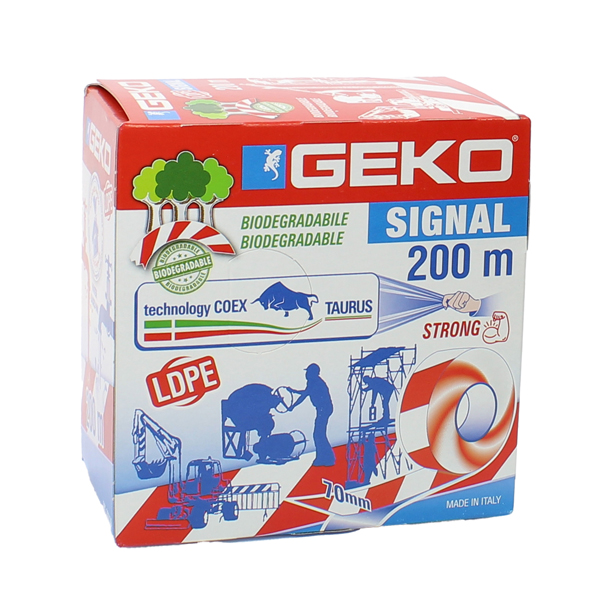  Nastro segnaletico SIGNAL - biodegradabile - 7 cm x 200 m - bianco/rosso - Geko 