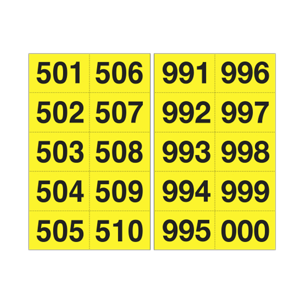  Numero adesivo da 501 a 999 - 45 x 24 mm - 10 et/fg - 50 fogli - nero/giallo 