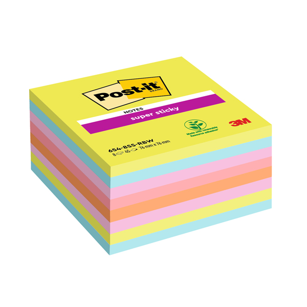  Blocco Post-it Super Sticky - 654-8SSRBW - 76 x 76 mm - colori assortiti - 45 fogli - Post-it - conf. 8 pezzi 