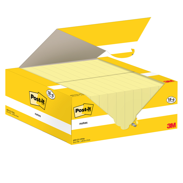  Blocco foglietti Post-it Notes - 653-CY-VP24 - 38 x 51 mm - giallo Canary - 100 fogli - Post-it - conf. 24 blocchi 