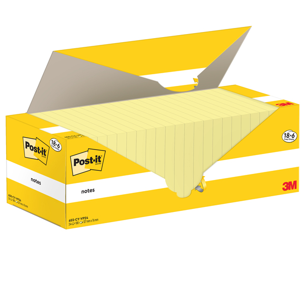  Blocco foglietti Post-it Notes - 655-CY-VP24 - 76 x 127 mm - giallo Canary - 100 fogli - Post-it - conf. 24 blocchi 