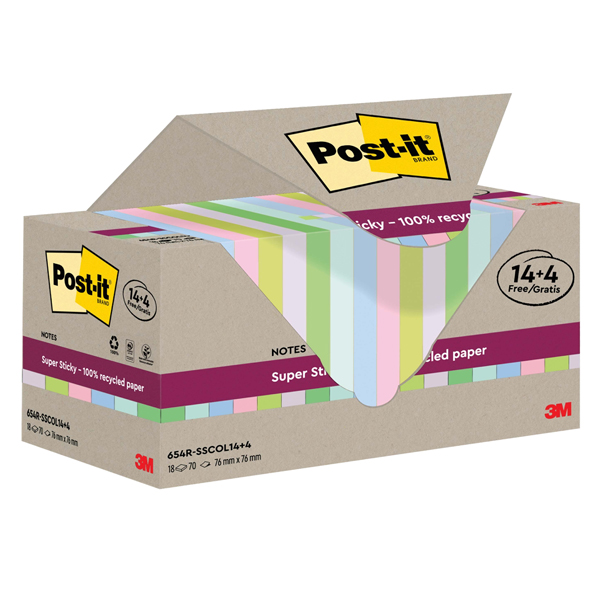  Blocco foglietti Post-it SuperSticky Green - SSCOL14+4 - 76 x 76 mm - carta riciclata - colori pastello assortiti - 70 fogli - Post-it - conf. 18 blocchi 