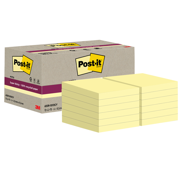  Blocco foglietti Post-it SuperSticky Green - 622R-SSCY - 47,6 x 47,6 mm - carta riciclata - giallo Canary - 70 fogli - Post-it - conf. 12 blocchi 