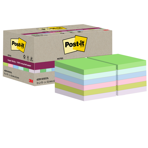  Blocco foglietti Post-it SuperSticky Green - 622R-SS12COL - 47,6 x 47,6 mm - carta riciclata - colori pastello assortiti - 70 fogli - Post-it - conf. 12 blocchi 