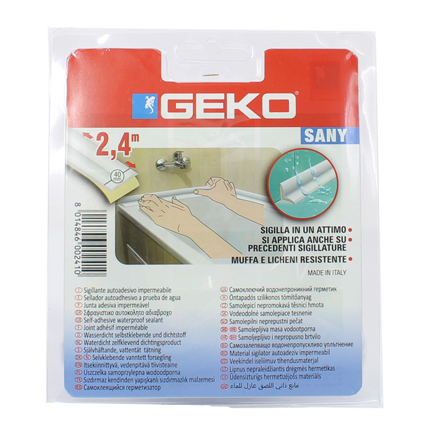  Sigillante adesivo SANY - per doccia e lavabi - 4 cm x 2,4 m - PE - bianco - Geko 