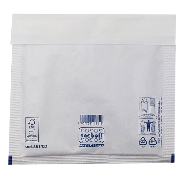  Busta imbottita Sacboll - CD (20 x 22 cm) - carta - bianco - Blasetti - conf. 10 pezzi 