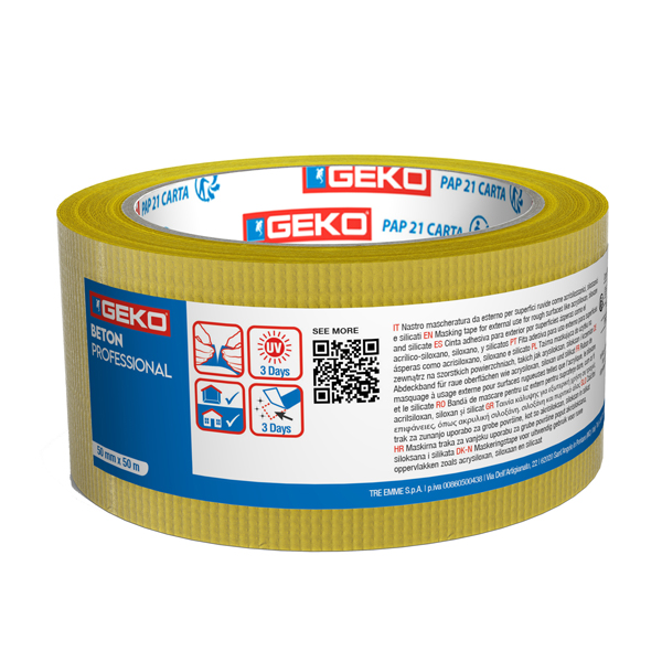  Nastro mascheratura telato BETON - per esterni e superfici ruvide - 5 cm x 50 m - PE - giallo - Geko - conf. 3 pezzi 