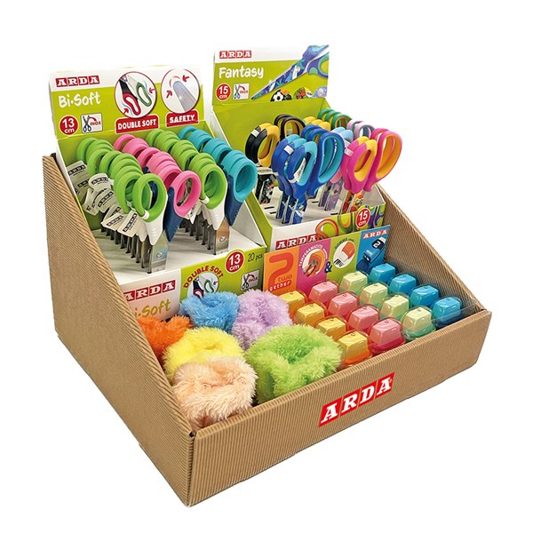  Forbici e temperamatite in più versioni - colori assortiti - Arda - display 62 pezzi totali 