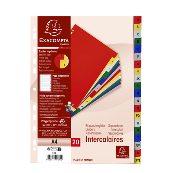  Separatore alfabetico A/Z - colori assortiti 160 gr - tasti colorati - A4 - Exacompta 