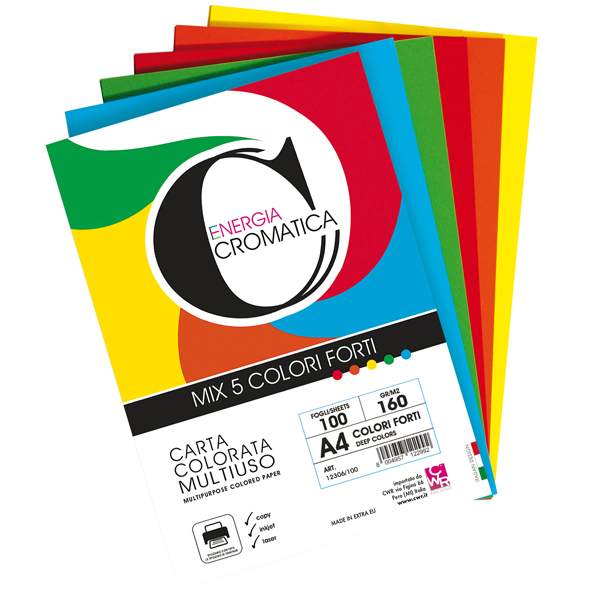  Risma carta Cromatica - A4 - 160 gr - colori assortiti forti - 100 fogli - CWR 