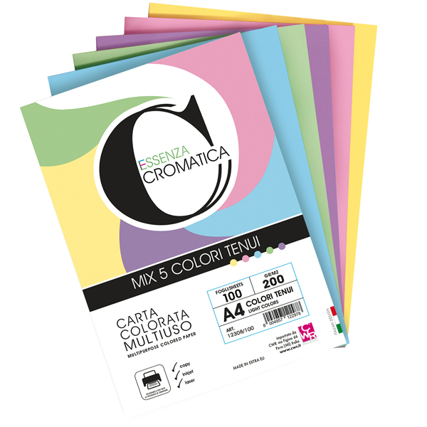  Risma carta Cromatica - A4 - 200 gr - colori assortiti tenui - 100 fogli - CWR 