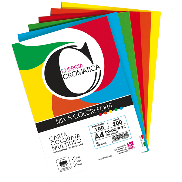  Risma carta Cromatica - A4 - 200 gr - colori assortiti forti - 100 fogli - CWR 
