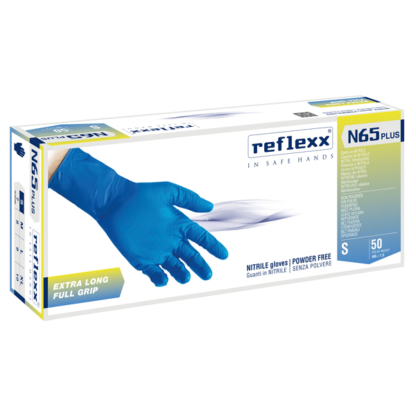  Guanti in nitrile N65 Plus - senza polvere - taglia S - blu - Reflexx - conf. 50 pezzi 