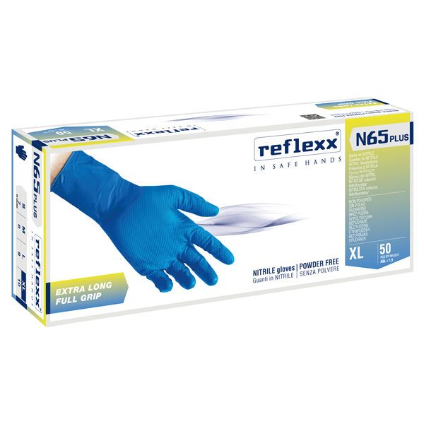  Guanti in nitrile N65 Plus - senza polvere - taglia XL - blu - Reflexx - conf. 50 pezzi 