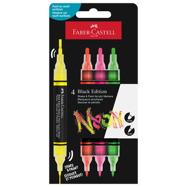  Marcatori Shake&amp;Paint - colori assoriti neon - Faber-Castell - conf. 4 pz 