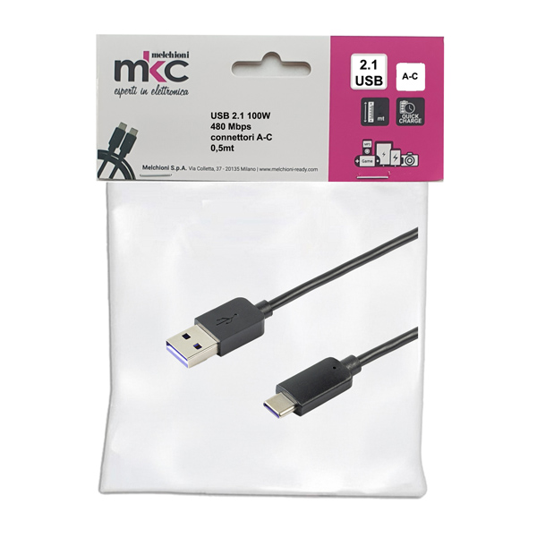  Cavo USB - 2.0 A/C - 100W - 480Mbps - 0,5 mt - MKC Melchioni 