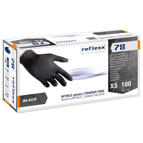  Guanti in nitrile R78 - senza polvere - taglia XS - nero - Reflexx - conf. 100 pezzi 