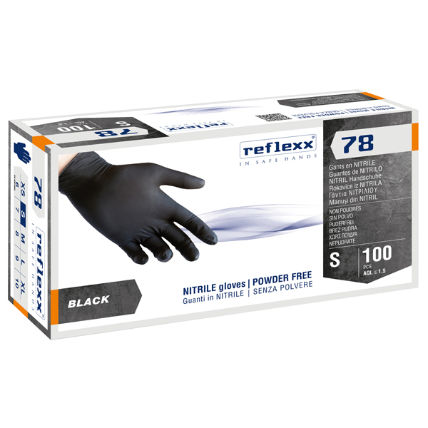 Guanti in nitrile R78 - senza polvere - taglia S - nero - Reflexx - conf. 100 pezzi 
