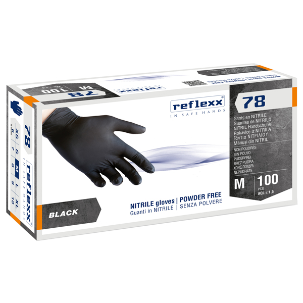  Guanti in nitrile R78 - senza polvere - taglia M - nero - Reflexx - conf. 100 pezzi 