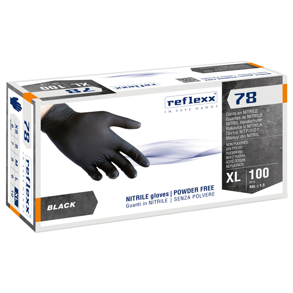  Guanti in nitrile R78 - senza polvere - taglia XL - nero - Reflexx - conf. 100 pezzi 