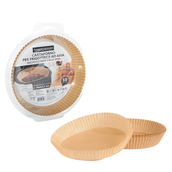  Vaschette cartaforno per friggitrice ad aria - in astuccio - diametro 20 cm - altezza 4,5 cm - avana - Perfetto Kitchen - conf. 50 p ezzi 
