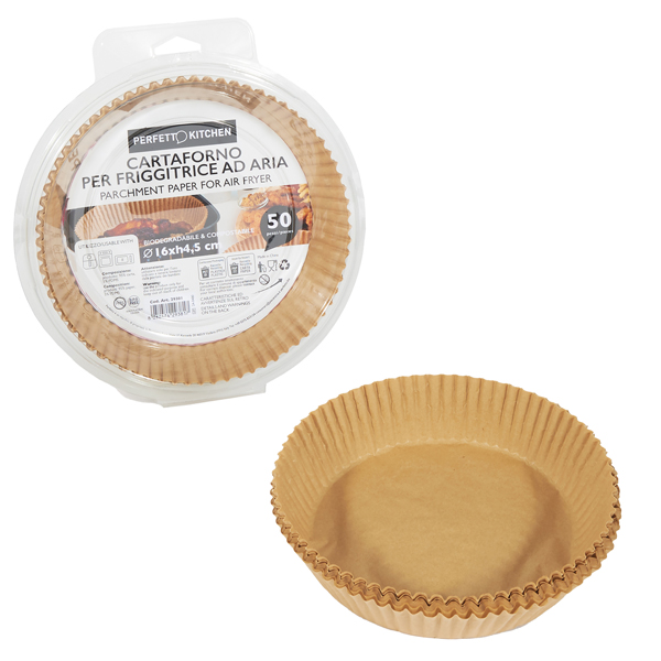  Vaschette cartaforno per friggitrice ad aria - in astuccio - diametro 16 cm - altezza 4,5 cm - avana - Perfetto Kitchen - conf. 50 p ezzi 