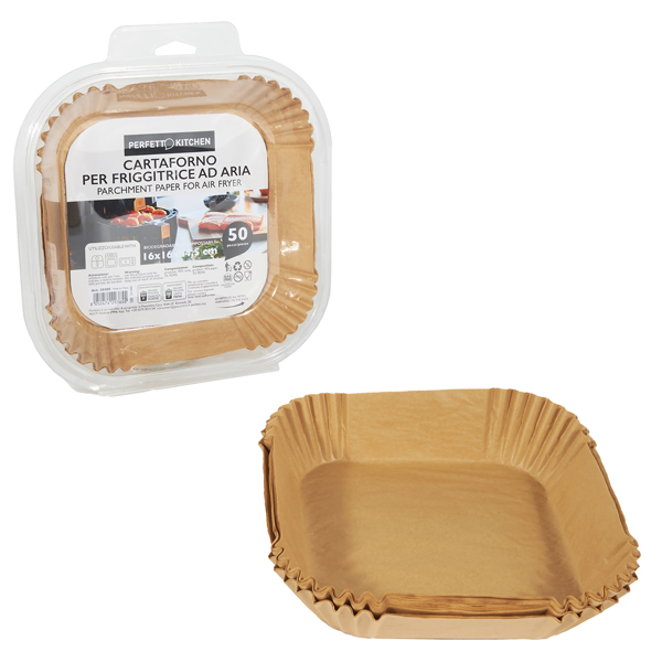  Vaschette cartaforno per friggitrice ad aria - in astuccio - 16 x 16 x 4,5 cm - avana - Perfetto Kitchen - conf. 50 pezzi 
