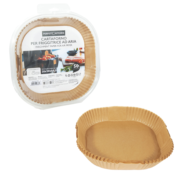 Vaschette cartaforno per friggitrice ad aria - in astuccio - 20 x 20 x 4,5 cm - avana - Perfetto Kitchen - conf. 50 pezzi 