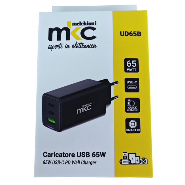  Caricatore USB - 65W - 2 USB-C + 1 USB-A - Nero - MKC Melchioni 