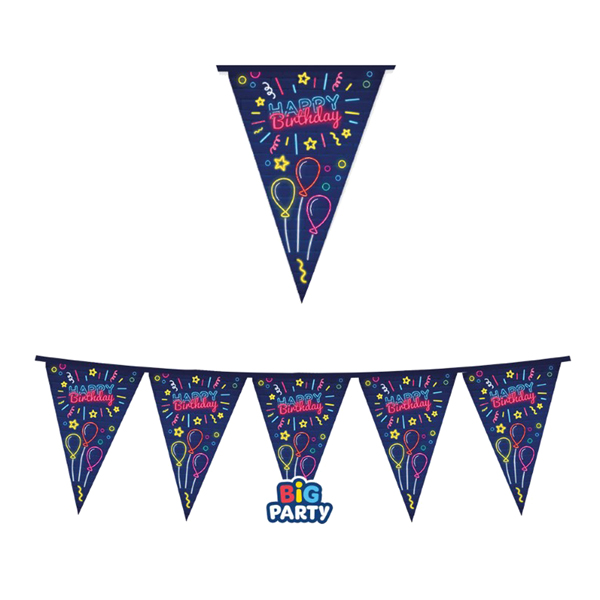  Festone bandiere - 3 metri - Happy birthday - neon - Big Party 