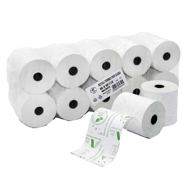  Rotolo per registratori di cassa - carta termica BPA free - 79 mm x 60 mt - 48 gr - diametro esterno 64 mm - anima 12 mm - Rotolific io Pugliese - blister 10 pezzi 